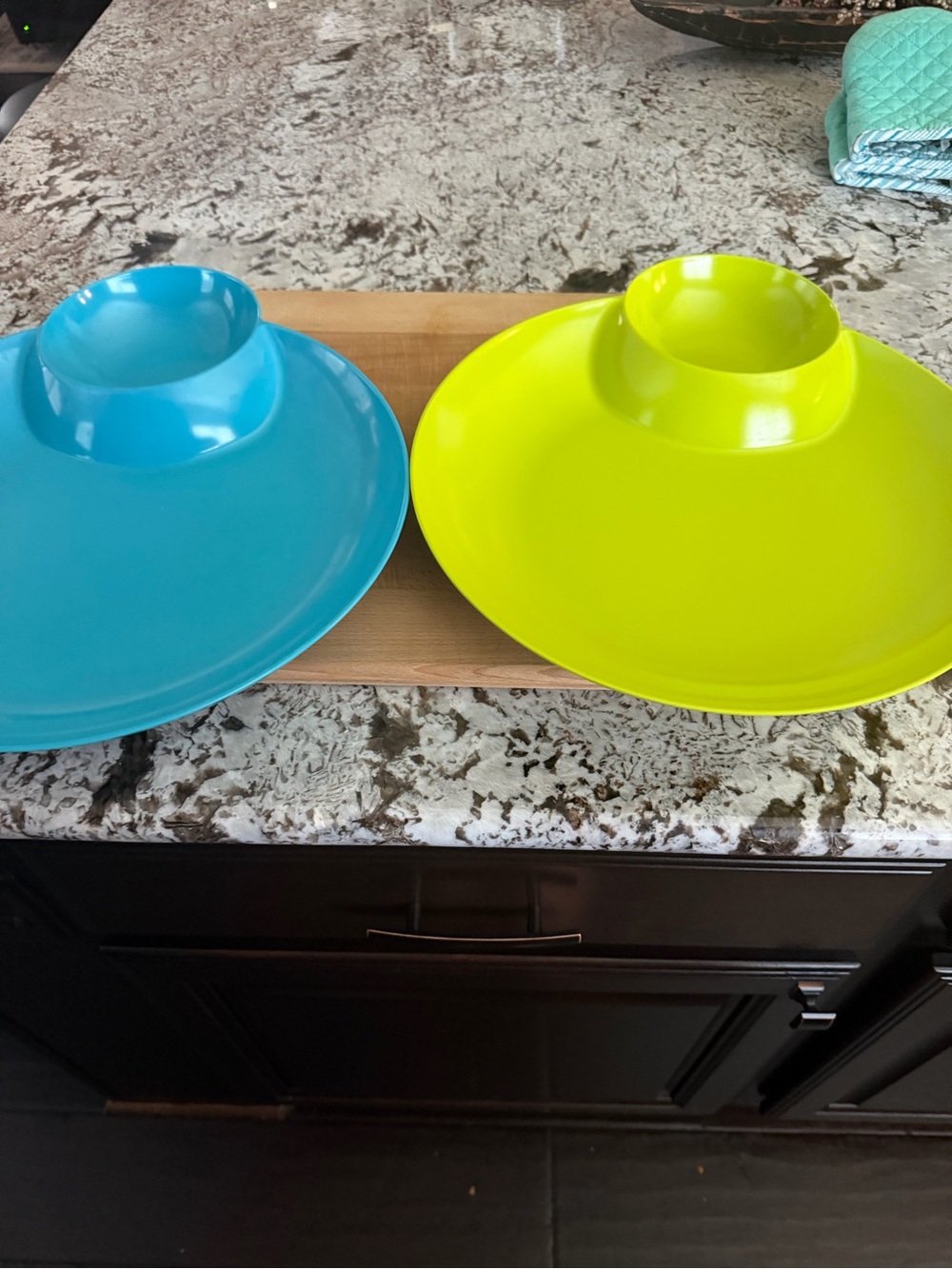 Set of Two Bright Plastic Serving Bowls - Teal & Neon Yellow